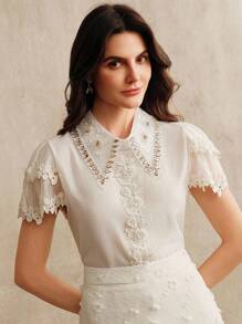 Anewsta Elaire Elegant Fashion Water-Soluble Lace Patchwork 3D Floral Embellished Blouse, Summer - Apricot - View 4