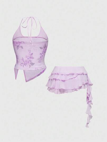 Fairycore Conjunto de 2 piezas de top de malla con cuello halter y minifalda con volantes de talle súper bajo, para vacaciones románticas de mujer
