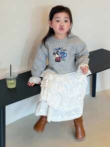 DAZY Toddler Girls' Casual Crew Neck Lace Patchwork Cartoon Print Sweatshirt - Grey - View 5