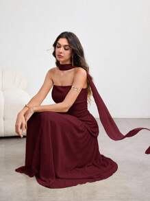 NOVVYNE 女式不对称荷叶边下摆露背连衣裙，优雅魅力，浅黄色，春夏 - 酒紅色 - 查看 4