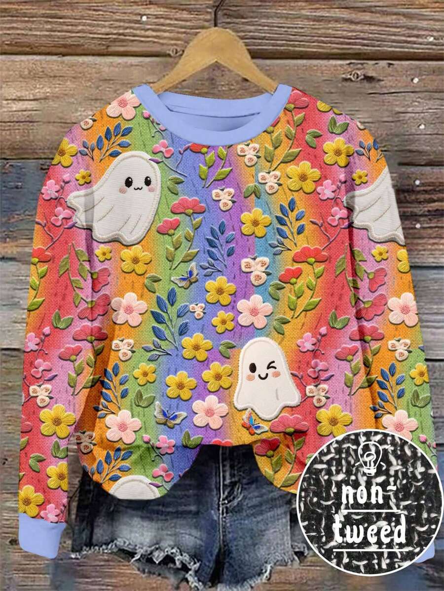 SHEIN LUNE 休闲简约万圣节鬼魂与骷髅印花圆领宽松女式运动衫 - 彩色 - 查看 1