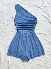 Soleia Women's Bohemian, Boho, Vacation Style Sleeveless Cinched Waist A-Line Jumpsuit Blue Playsuit One Shoulder Playsuit