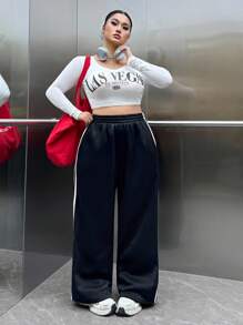 SHEIN EZwear 大码女式松紧腰侧条纹阔腿运动裤，秋冬 - 黑色 - 查看 6