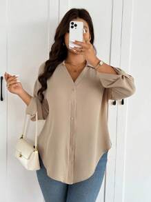 SHEIN Frenchy 大码女式白色雪纺衬衫，时尚宽松半透明休闲衬衫，2025年春夏新品 - 杏色 - 查看 4