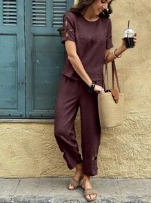 Selianne 2pcs Women Set: Hollow-Out Short Sleeve Crew Neck Blouse + Hollow-Out Casual Long Pants Travel Dark Burgundy Summer - Burgundy - View 5