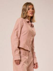 MUSERA 修身长袖衬衫，纽扣式设计，细条纹，商务休闲，适合秋冬春夏假日穿着。 - 棕色 - 查看 4