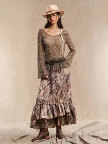 Easelle Damen sexy Flügelärmelige Pailletten durchscheinende lose T-Shirt, Gürtel nicht enthalten - Braun - Übersicht 2