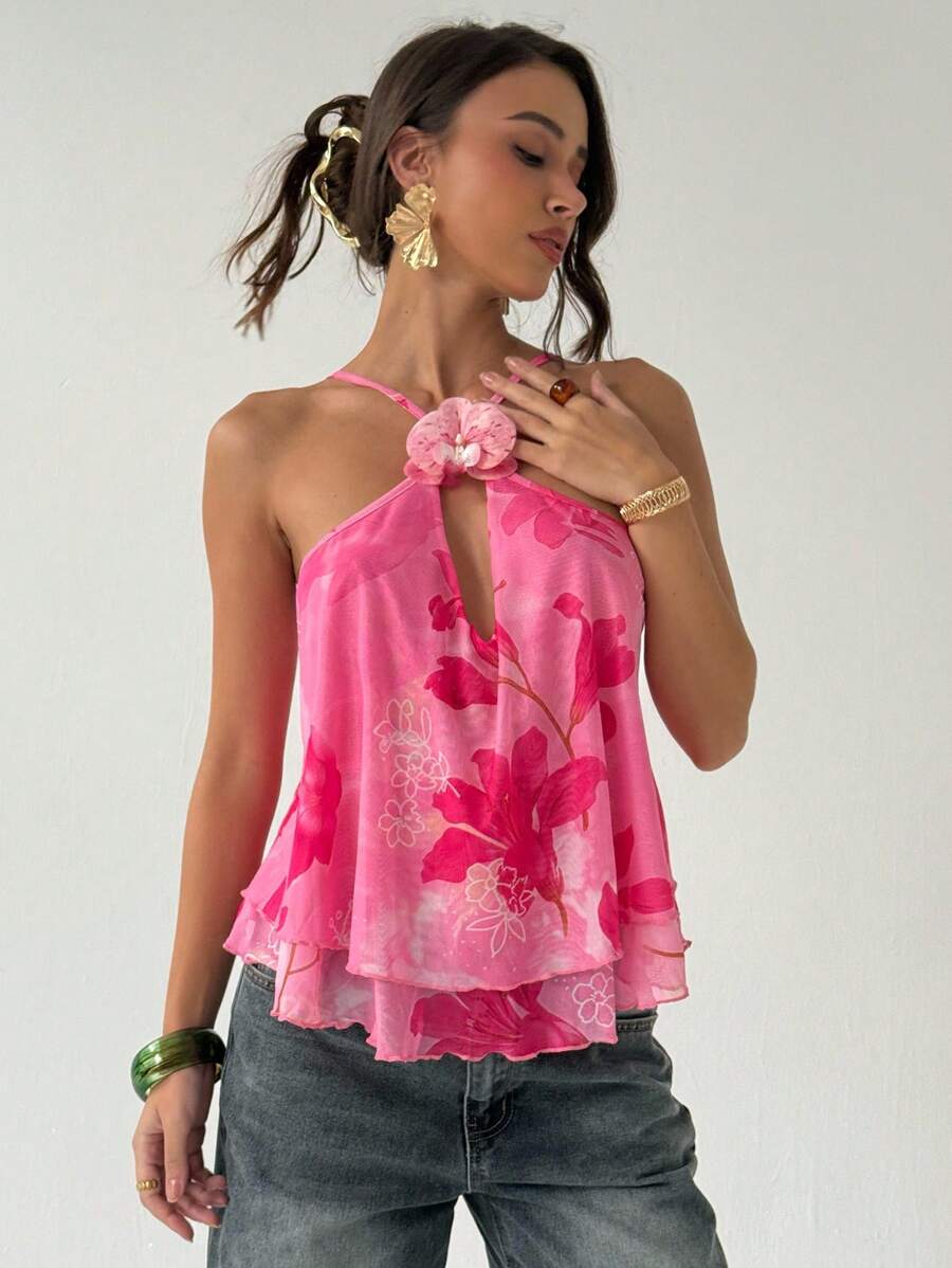 Aloruh Damen Lässig Blumen Muster Dekorativer Trägertop, Sommer