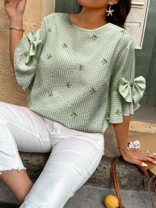 Weeklong Plus Size Casual Everyday Striped Bow Print Textured Round Neck Shirt - Mint Green - View 1