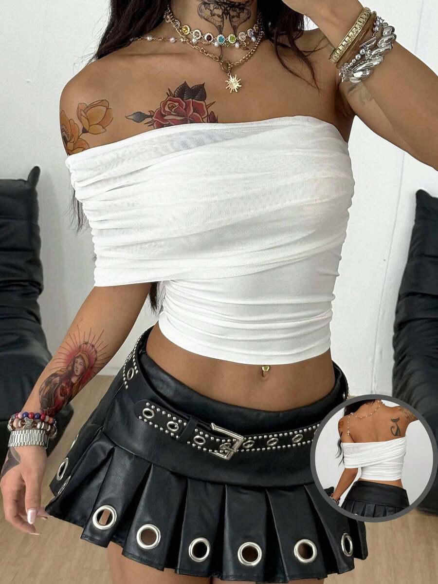 Coolane 女式夏秋季四季返校街头服饰 Y2K 度假弹力网眼单肩白色上衣 - 白色 - 查看 1