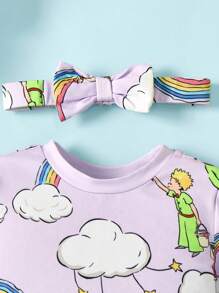 LE PETIT PRINCE X SHEIN Baby Girl Cartoon Rainbow Cloud Star Allover Print Long Sleeve Jumpsuit & Purple Bow Headband - Purple - View 3