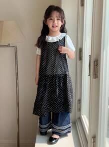 Dazy Kids Young Girl Polka Dot Print Ruffle Hem Sleeveless Dress - Black - View 7