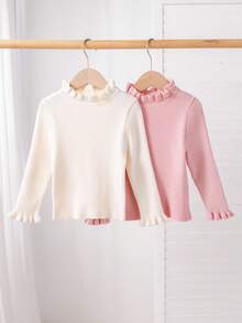 SHEIN Modischer einfarbiger Stehkragen Lässig Langarm Pullover für Kleine Mädchen, Gerippter Pullover für Mädchen, Rüschen-Kragen Pullover gestrickt, Winterkleidung Herbst - Pink - Übersicht 4