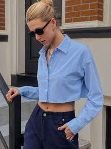 DAZY Women's Solid Color Blue Drop Shoulder Long Sleeve Single-Breasted Cropped Casual Shirt - Blue - View 5