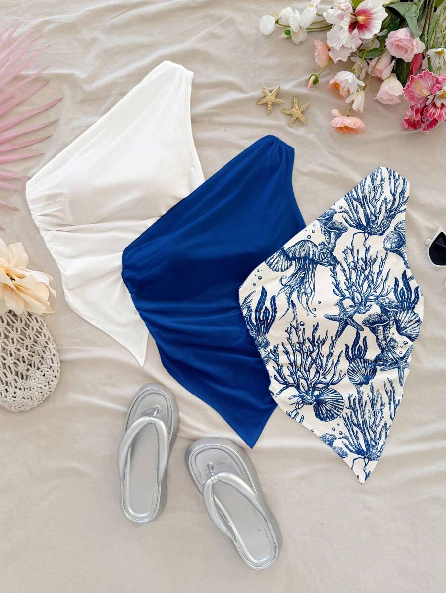 Soleia Áo thun nữ hở vai nhún bèo, viền bất đối xứng, họa tiết động vật đại dương, họa tiết xanh dương, 3 chiếc thích hợp để đi chơi, áo thun xanh dương và trắng, áo thun nữ hở vai màu xanh dương và trắng - Nhiều màu - Xem 1