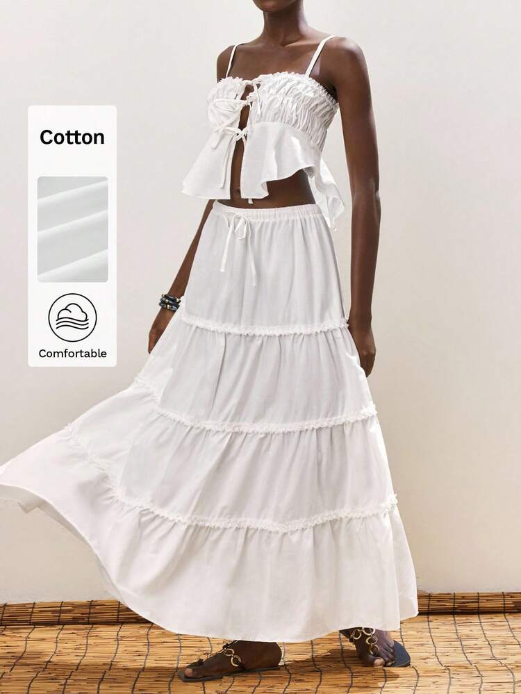 SHEIN Maija Gonna estiva da donna beige con decorazione a fiocco, stile bohémien moderno da vacanza romantica, comoda gonna a-line con vita con fiocco