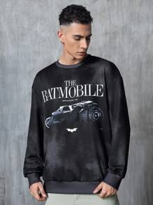 BATMAN X SHEIN Men Letter & Racing Car Graphic Crew Neck Long Sleeve Batmobile Graphic Black Sweatshirt
