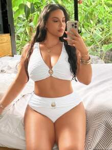 Slaysola 大码女式2件套纯色特殊面料白色时尚度假日常休闲简约高腰三角内裤外壳基本款比基尼套装