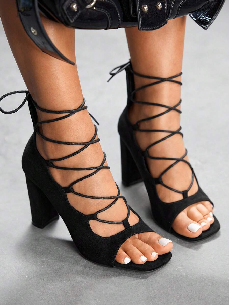 CUCCOO SZL Giày sandal đế vuông mũi vuông họa tiết da báo cho nữ, có khóa kéo và quai đeo ở mắt cá chân, thời trang và thoải mái cho tiệc tùng/ngoài trời - màu đen - Xem 1