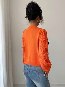 Elenzga Áo khoác len cardigan nữ, thiết kế mùa thu mới, buộc dây phía trước, họa tiết, tối giản - trái cam - Xem 3