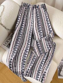 EMERY ROSE Digital Print Casual Wide Leg Pants With Elastic Waist For Women Fall Cloth For Women - Multicolor - View 1