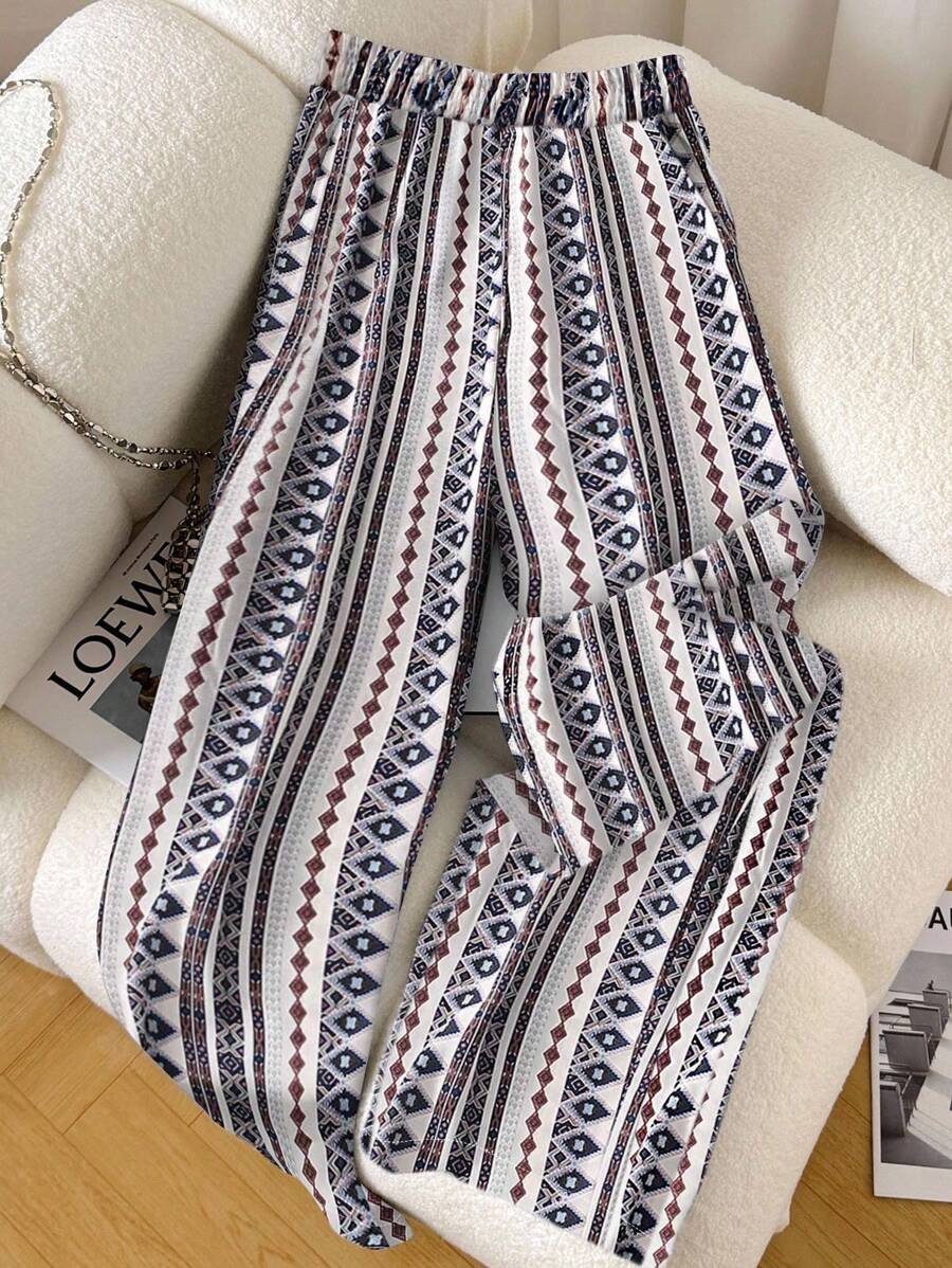 EMERY ROSE Digital Print Casual Wide Leg Pants With Elastic Waist For Women Fall Cloth For Women - Multicolor - View 1