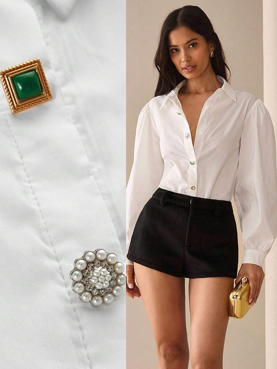 Lilora Áo sơ mi kim loại nút độc đáo, phong cách đô thị, thanh lịch, giản dị, đi chơi, tiệc tùng hàng ngày, phong cách đô thị, dành cho nữ, đi làm thường ngày, giải trí đô thị, lãng mạn và thanh lịch - trắng - Xem 1