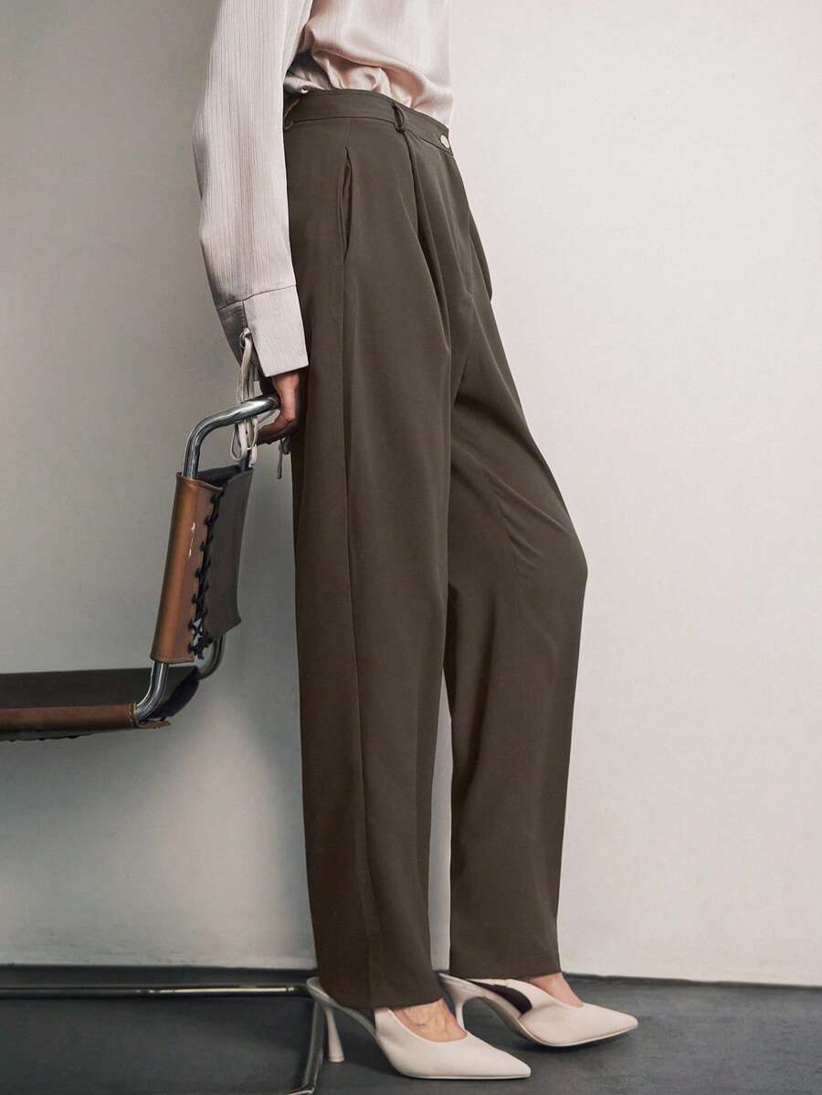 Uhlyne 女士缎面丝绸长款不对称口袋褶皱休闲裤，简约优雅百搭通勤风格，深咖啡棕色，秋季，极简主义，工作服，教师装，返校，秋季，中性服装，商务休闲，老钱风格美拉德风格