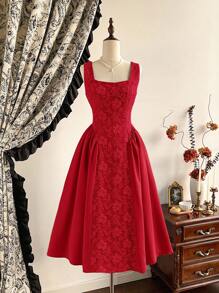 Vintamour 复古优雅女装春夏修身无袖连衣裙提花面料拼布伞形下摆连衣裙白色连衣裙 - 紅色 - 查看 1