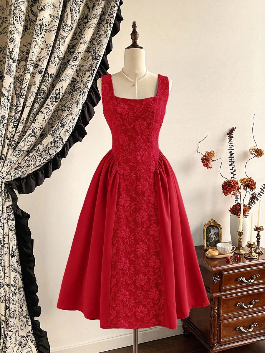 Vintamour 复古优雅女装春夏修身无袖连衣裙提花面料拼布伞形下摆连衣裙白色连衣裙 - 紅色 - 查看 1