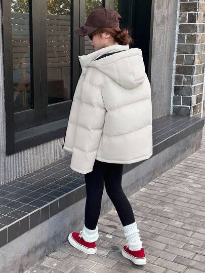 DAZY Teen Girl Hooded Casual Long Padded Coat, Korean Style, Solid Color, Winter