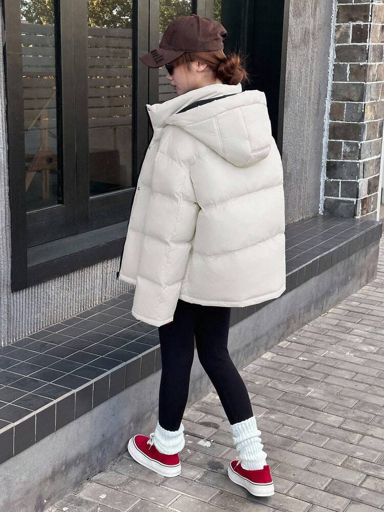 Teen Girl Hooded Casual Long Padded Coat, Korean Style, Solid Color, Winter