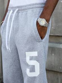 PAVTROS 男士休闲宽松长裤，带数字 5 印花和拼接设计，直筒裤腿，适合所有季节和日常穿着，适合男朋友/丈夫的礼物，Y2K 街头潮流 - 灰色 - 查看 5