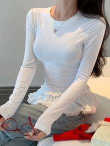 DAZY Women's Korean Style Ruffled Long Sleeve T-Shirt, Spring/Autumn - White - View 4