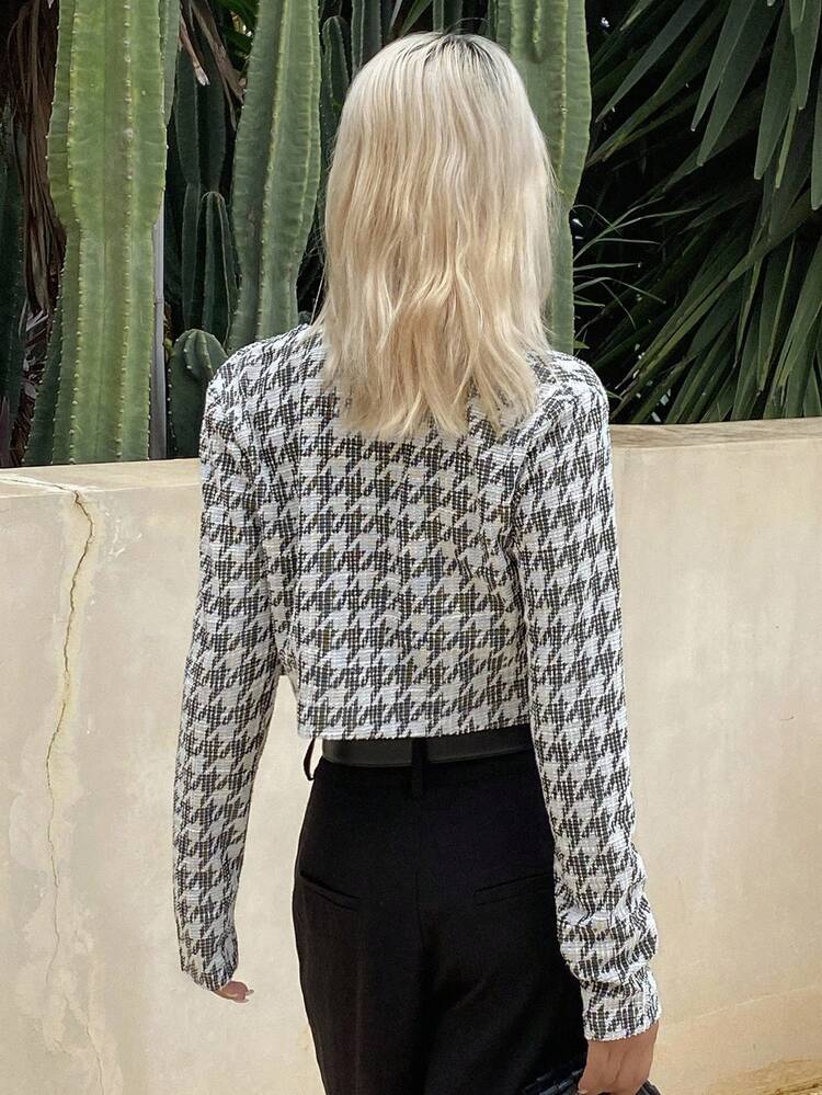 Short Fitted Houndstooth Jacket, Long Sleeve Vintage Style Thin Outerwear For Women, Autumn/Winter Plaid