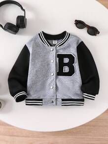 Back To School Fall Clothes Young Girls Fashion Letter Graphic Grey & Black Splice Long Sleeve Round Neck Casual Comfortable Baseball Jacket, Autumn/Winter - Black - View 1