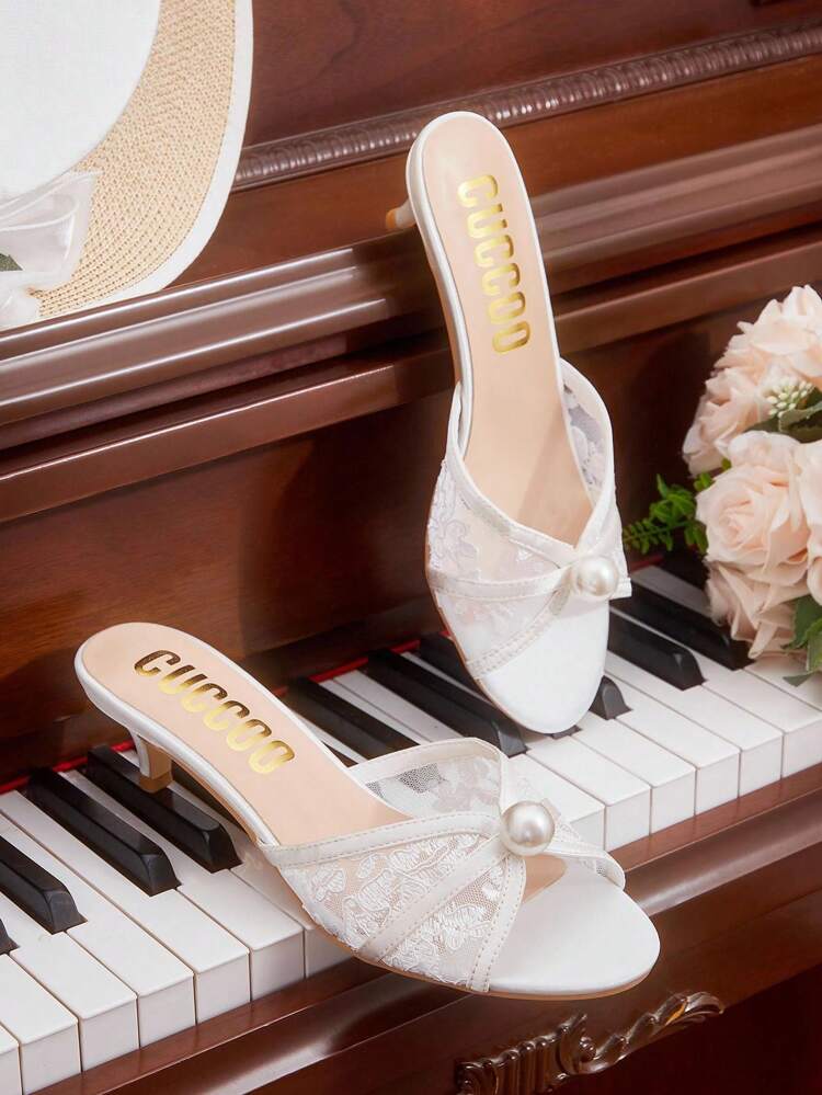 CUCCOO HITCHD Women's Fashion Round Toe Low Heel White Lace Mesh Faux Pearl Wedding Party Occasion High Heel Sandals, Peep Toe Sandals For Christmas Elegant Shoes Wedding Shoes Summer Shoes Bride Shoes