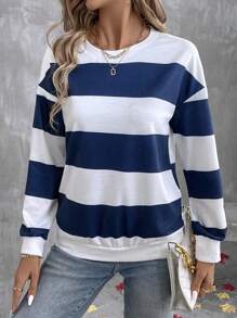 EMERY ROSE New Fashion Women's Striped Print Round Neck Casual Sweatshirt Pullover Fall - Multicolor - View 4