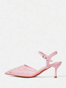 CUCCOO HITCHD 女士优雅浪漫性感粉色网眼花卉刺绣串珠尖头小猫跟高跟鞋，适合正式场合、婚礼、派对、下午茶约会