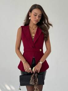 xheAloruh Chaleco sin mangas de unicolor con cuello de solapa, casual, delgado, elegante para otoño, ideal para maestras, color burdeos, con botones frontales en la cintura y hebillas metálicas para un exquisito atuendo de oficinaxhe - Burdeos - Ver 4