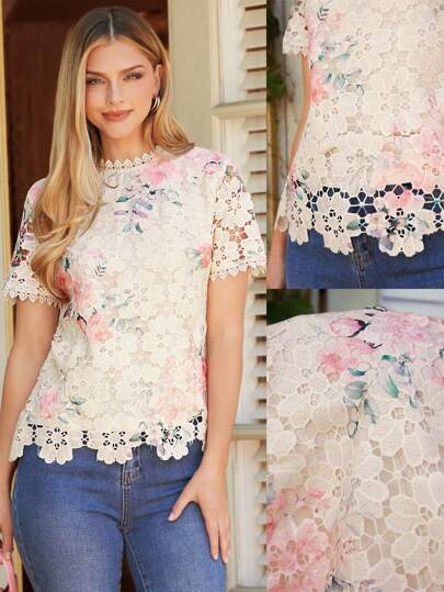 Amorya 女士拼色蕾丝印花不对称下摆优雅温柔返校服秋季女装万圣节老钱风格教师服粉色万圣节秋季女士粉色衬衫不对称上衣衬衫