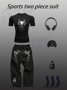 Manfinity Sport Corelite 男式蜘蛛印花T恤和裤子运动套装 - 黑色 - 查看 1