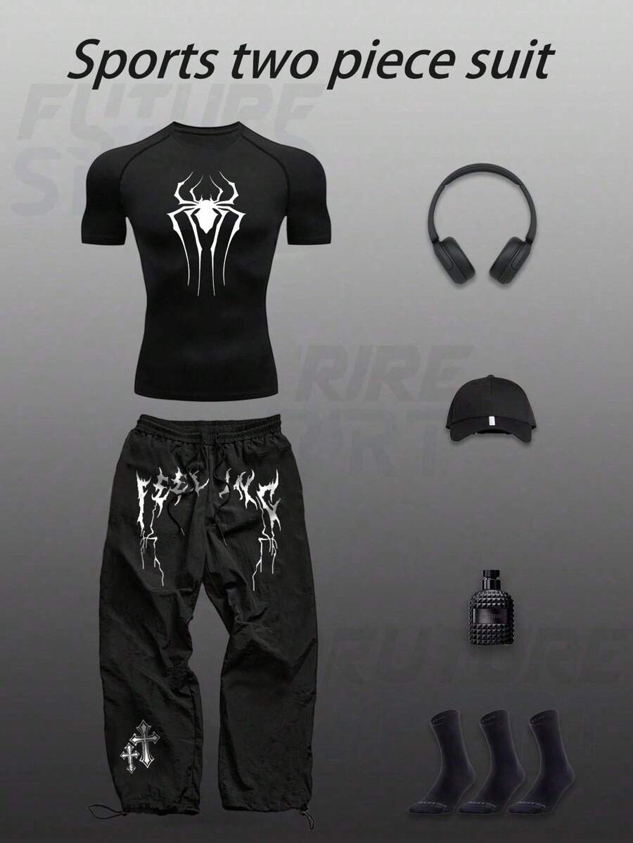 Manfinity Sport Corelite 男式蜘蛛印花T恤和裤子运动套装 - 黑色 - 查看 1