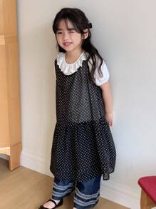 Dazy Kids Young Girl Polka Dot Print Ruffle Hem Sleeveless Dress - Black - View 3
