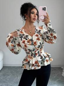 Elenzga بلوزة أنيقة رومانسية بأكمام فانوس مطوية وخصر مجمع وذيل مزدوج الكشكشة، مناسبة للعمل والعطلات، خريفية