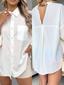 INAWLY Casual Loose Long Sleeve Shirt Dress With Backless Chain Decor - White - View 1