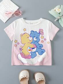 SHEIN X Care Bears 少女休闲渐变卡通熊图案短袖T恤，夏季 - 白色 - 查看 1