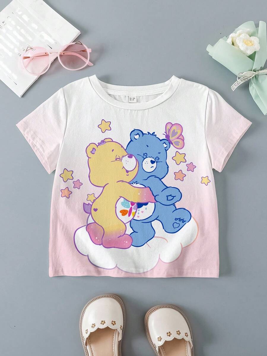 SHEIN X Care Bears 少女休闲渐变卡通熊图案短袖T恤,夏季 - 白色 - 查看 1