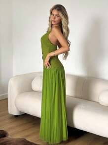 SHEIN ICON 女式金属贝壳装饰深V领无袖性感连衣裙 - 綠色 - 查看 5