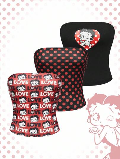 Betty Boop | ROMWE Damen 3er-Set sexy Polka Dot & Figur Grafik süßer Bandeau-Top